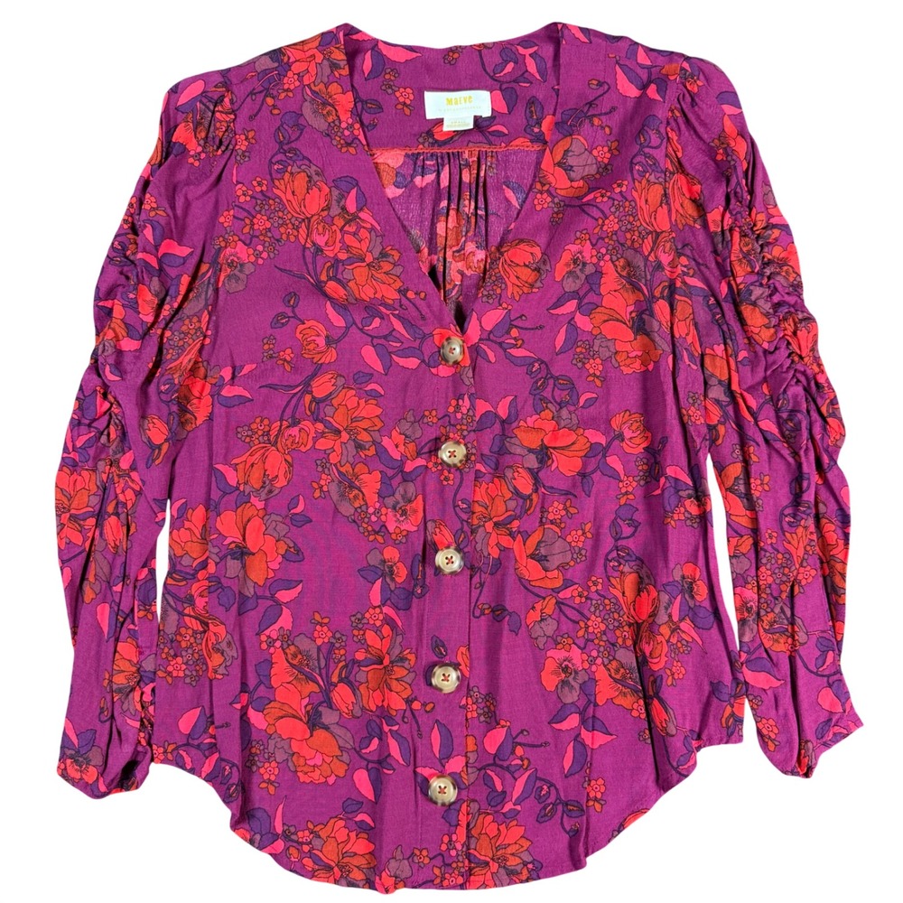 Maeve Anthropologie Floral Blouse Womens Small Purple Ruched Sleeve V-Neck Top